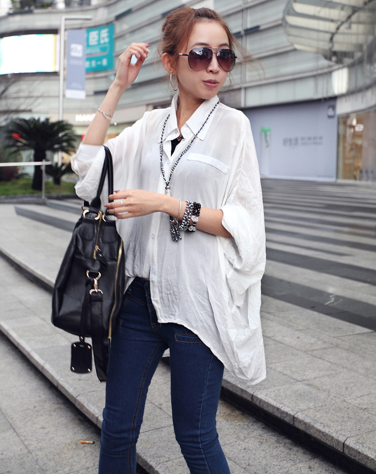 free shipping   spring and summer new arrival dovetail batwing sleeve loose solid color shirt