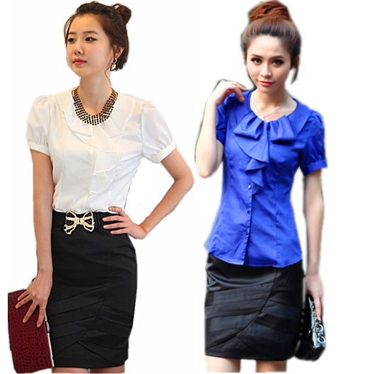 Free shipping Spring and summer OL outfit shirt set slim professional skirt short-sleeve shirt white collar work wear set 822