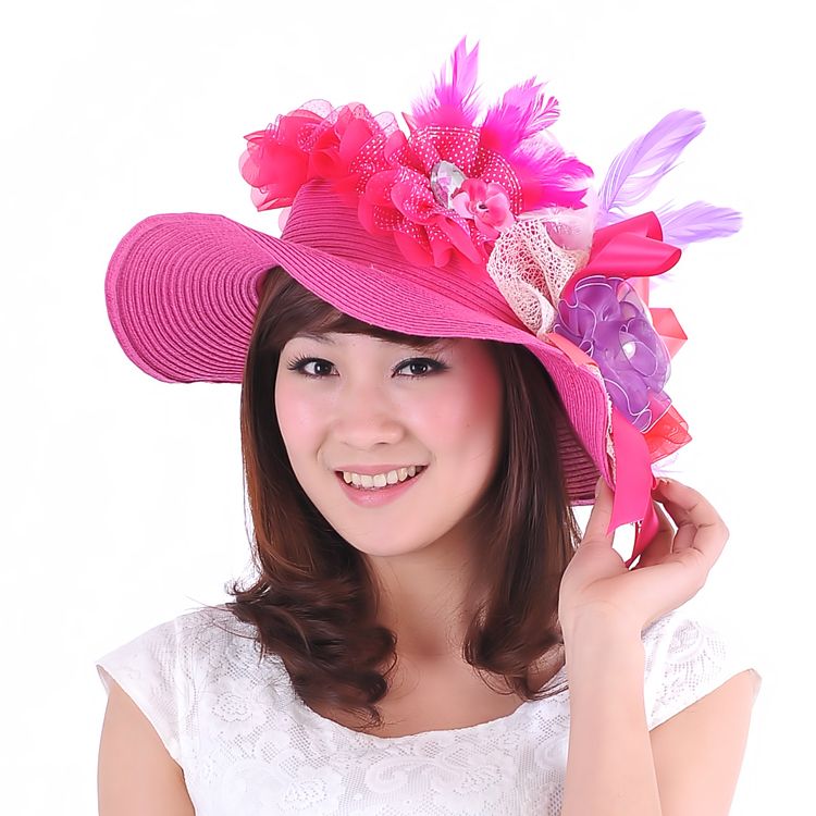 free shipping Spring and summer red flower feather accessories beach sun hat cap anti-uv customize