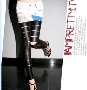 Free shipping Spring and summer sexy faux leather hole legging female trousers ankle length trousers