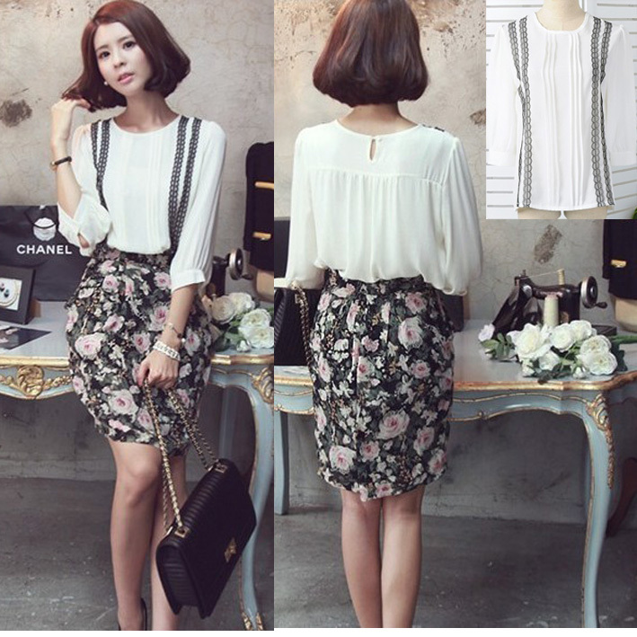 Free Shipping spring and summer women's fresh romantic color lace decoration chiffon long-sleeve shirts and blouse#C043