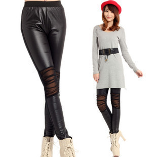 Free shipping spring ankle length trousers trend pants faux leather knee gauze patchwork legging