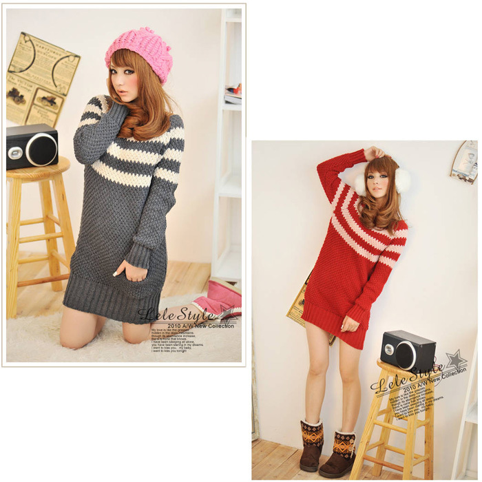 FREE Shipping spring autumn female loose o-neck sweater knitted pineapple corn Stripe plus size sweater dress outerwear