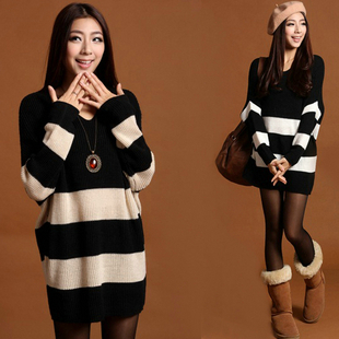 free shipping,spring autumn knitted sweater women,black and white long sleeve stripe loose sweaters,cardigan knitwear,plus size