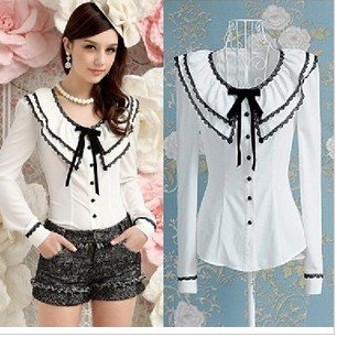 Free Shipping Spring Autumn white Black lace decoration Women o-neck long-sleeve shirt,Cotton blouses tops 2013 fashion