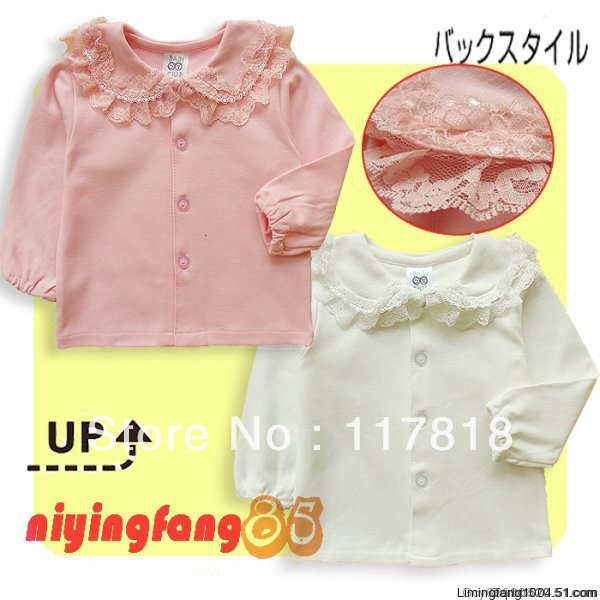 Free shipping spring baby basic shirt girls clothing white lace turn-down collar cardigan cotton princess laciness blouses