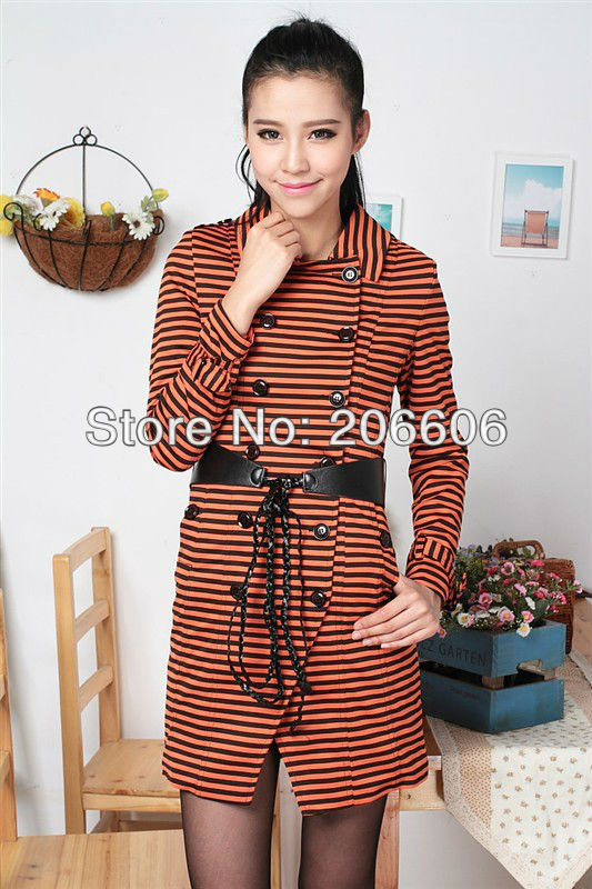 free shipping spring double breasted striped long trench coat for women