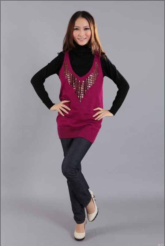 free shipping spring fashion elegant deep v neck paillette sleeveless sweater vest long design women's sweater