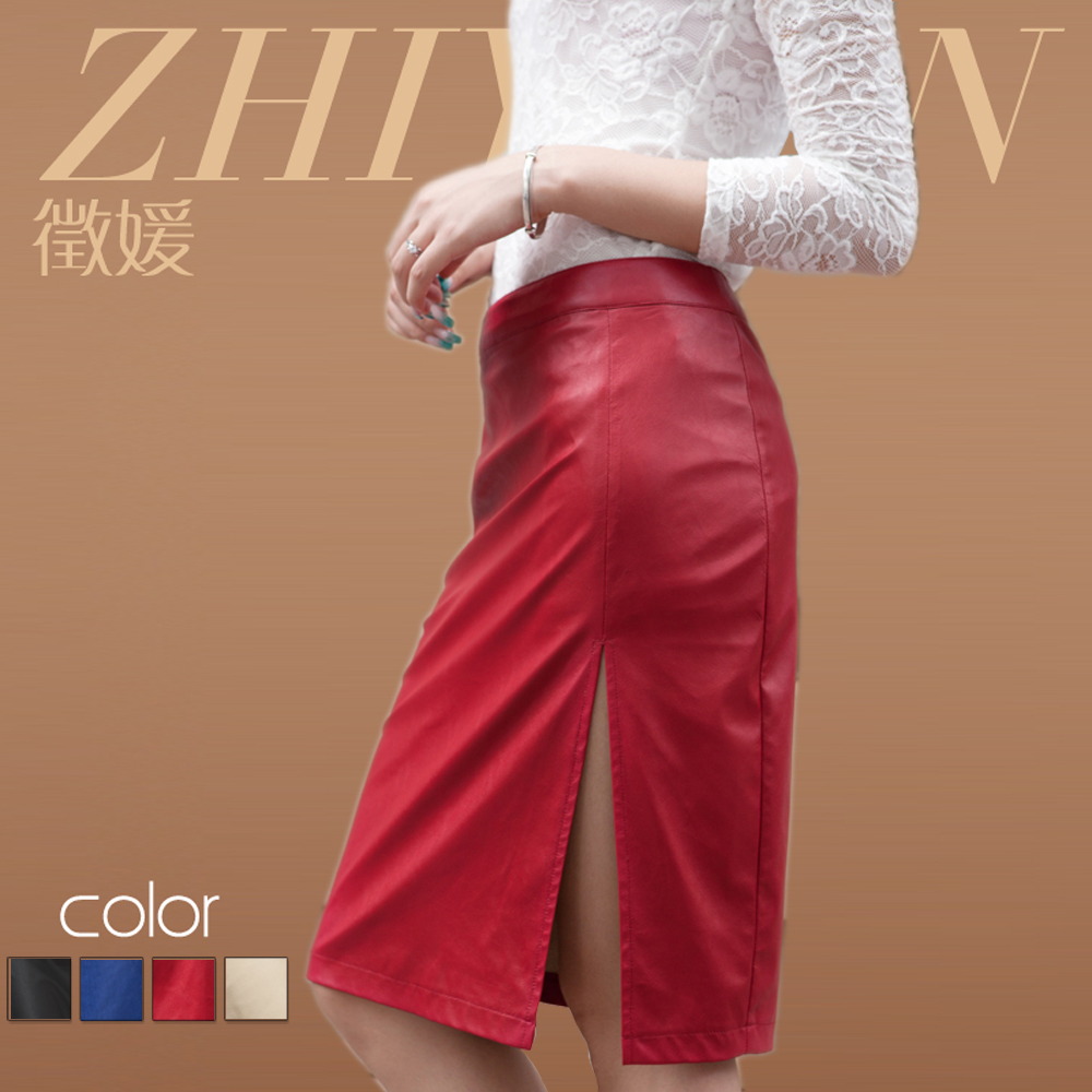 free  shipping Spring formal dovetail placketing PU water wash leather flock printing medium skirt thin involucres bust skirt