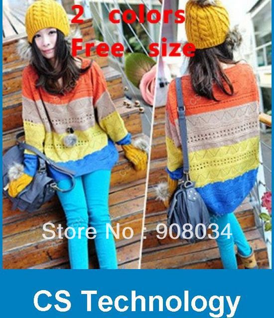 Free shipping Spring maxi Knit long sleeve Long paragraph Women's colorful Pullover Sweaters 1875