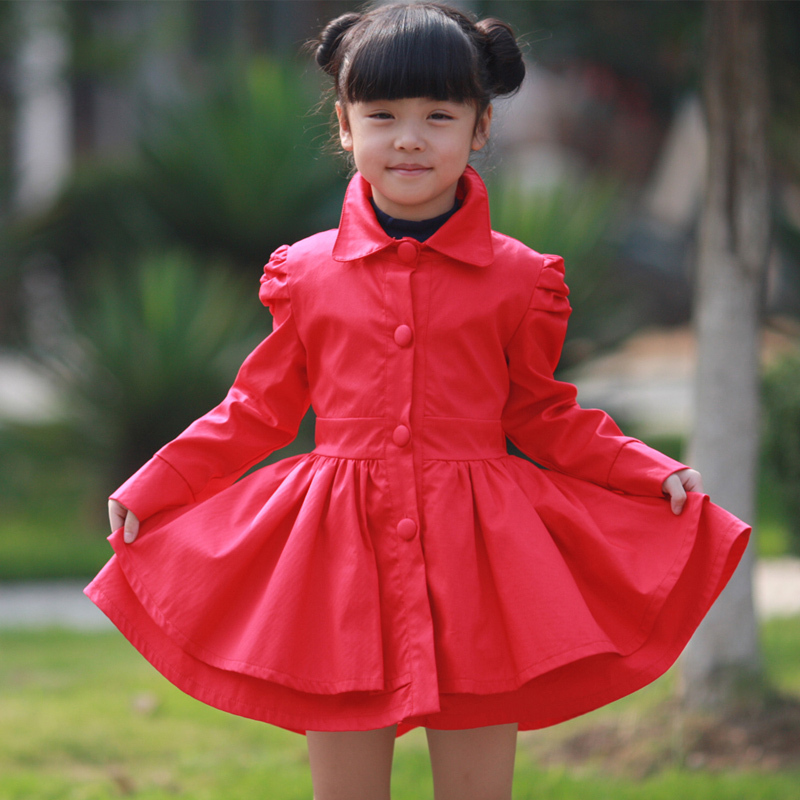 Free shipping Spring medium-large female child sweet puff sleeve trench outerwear red princess one-piece dress female child