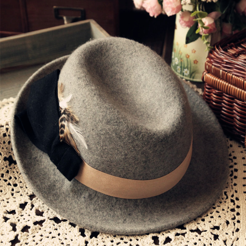 Free Shipping Spring new arrival feather smoky grey bow vintage fashion woolen cap hat female