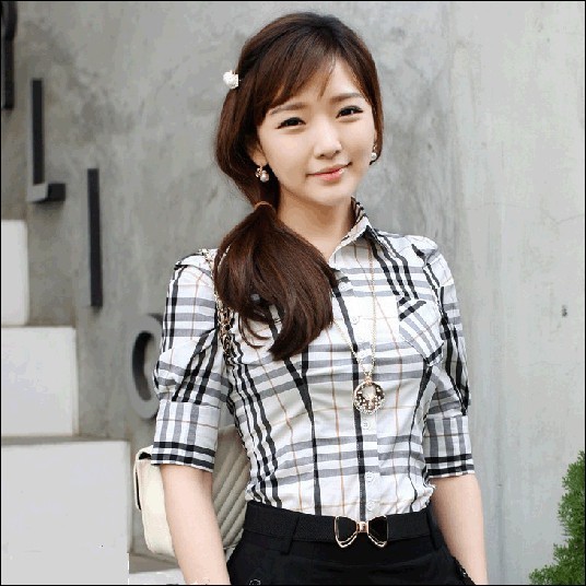 Free Shipping Spring New Sexy Korea Womens Short-Sleeve Plaid Blouses Sweet Gentlewomen 100% Cotton Shirts 4 Size+2 Color ML515