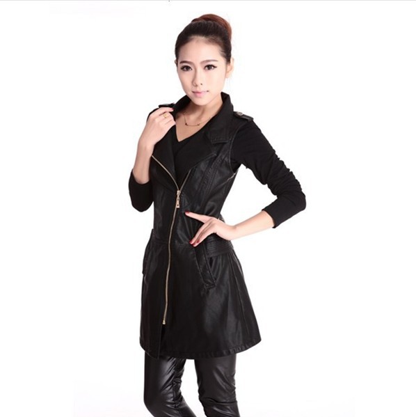Free shipping ! spring new women 's dress long sleeveless vest dress women slim lapel shoulder strap leather jacket