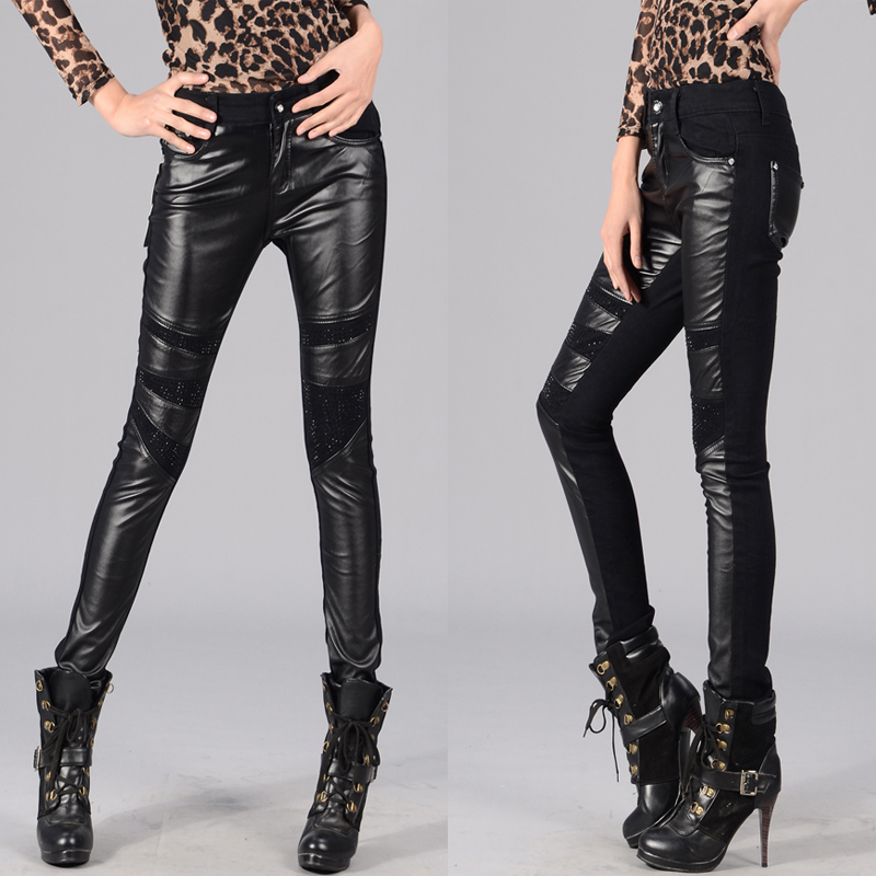 Free shipping Spring PU patchwork leather pants jeans female pencil pants legging boots trousers