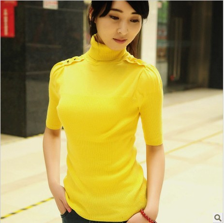 Free Shipping Spring slim basic knitted small short-sleeve female fifth sleeve o-neck short design thin t-shirt sweater