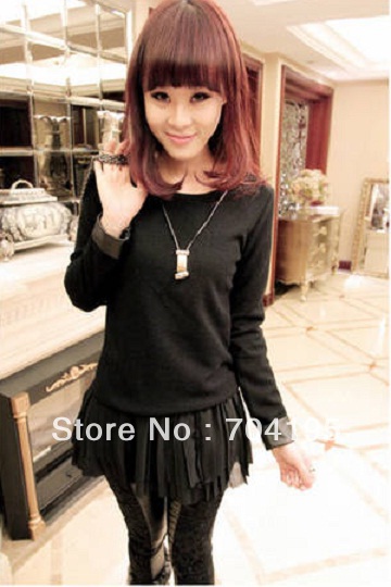 Free Shipping  Spring Style Ladies patchwork lace  Blouse  Fashion dress  Shirt  Black color  hem Skirt