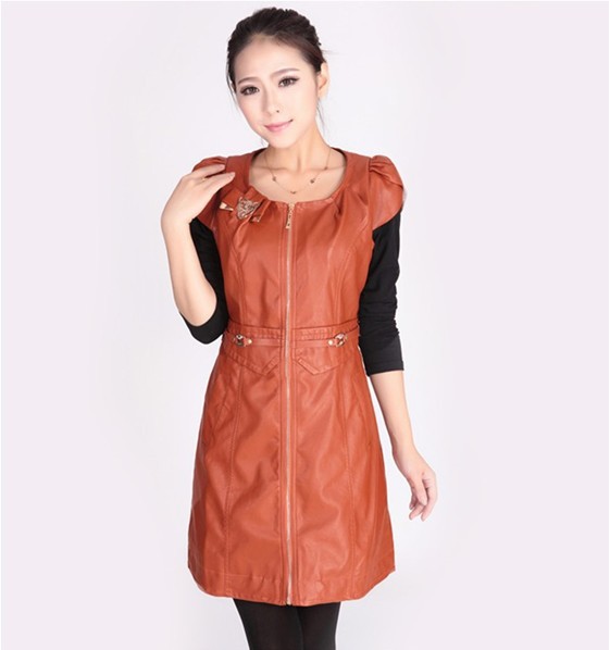 Free shipping ! Spring  women's leather skirt long leather coat fashion sleeveless leather ma3 jia3 design lady leather jacket