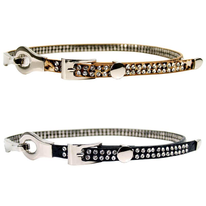 free shipping Spring women's leopard print strap fashion japanned leather double row rhinestone decoration belt black