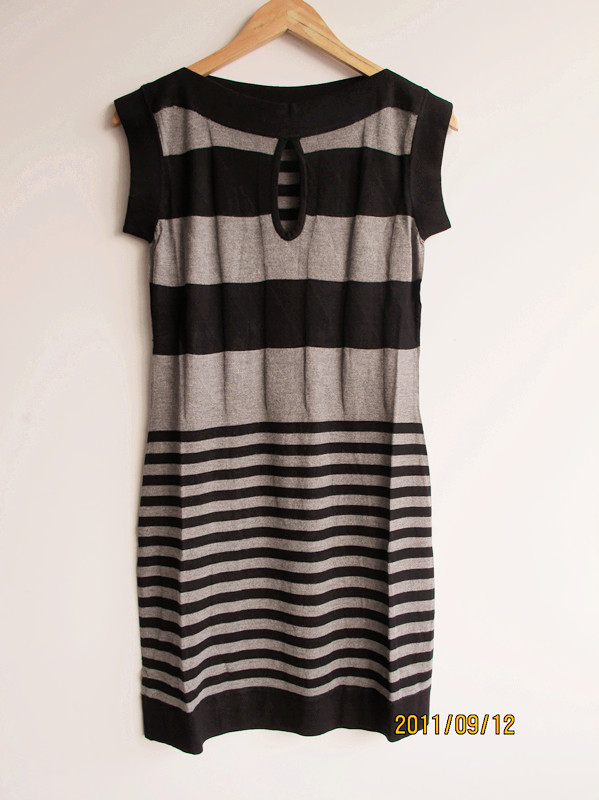 Free shipping+ Spring women's sweater stripe slit neckline one-piece dress sweater