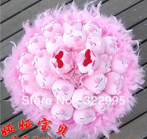 Free shipping Squinting pig cartoon bouquet 24 dried flowers Q251