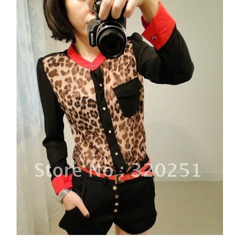 free  shipping  Stand-up collar bump color Chiffon One Leopard Print shirt   b035 of