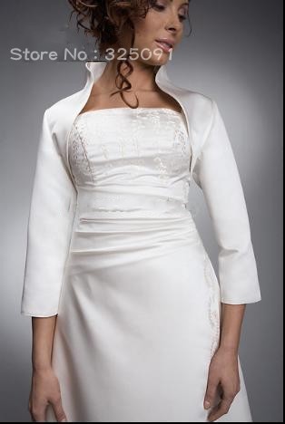 Free Shipping Stand-up Collor Three Quarters Sleeve Bridal Wraps Jackets Wedding Party Bolero White Satin Custom Made Newest