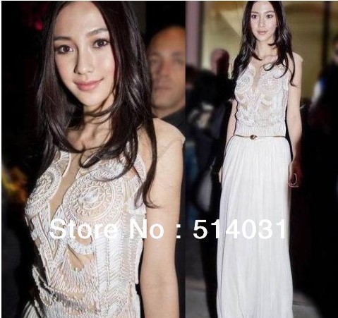 Free Shipping Star Style European Style Fashion New Womens Chiffon Disk Flower Maxi Long White Dress