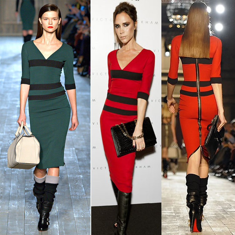 Free shipping,Star victoria color block decoration knitted V-neck half sleeve slim one-piece dress