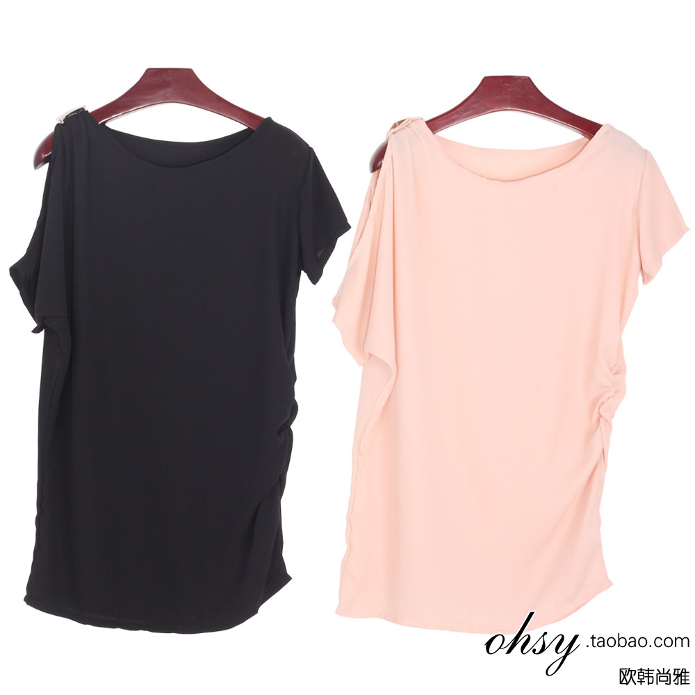 free shipping Strapless loose solid color batwing sleeve medium-long chiffon shirt top summer short-sleeve t-shirt pink black