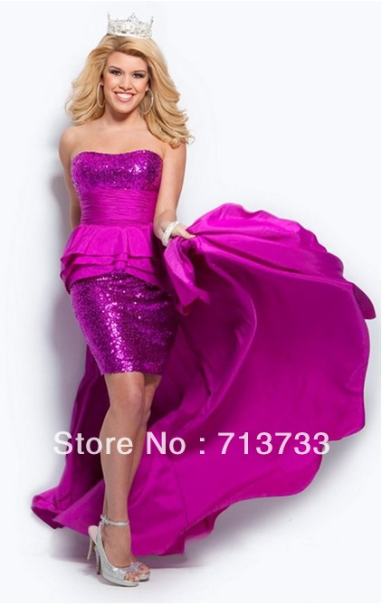 Free shipping!strapless purple A-line front short back long celebrity dress