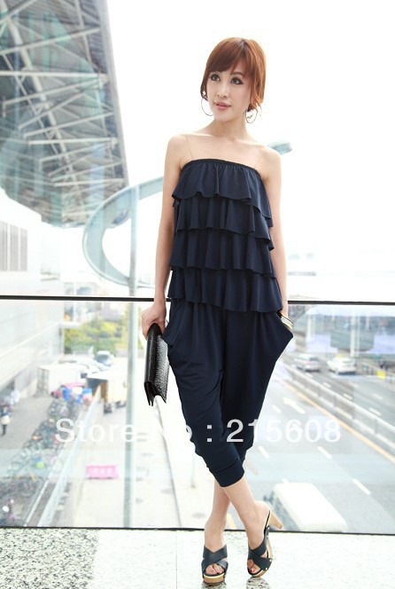 Free shipping strapless solid color women casual jumpsuits with ruffles decoration navy black high quality J003