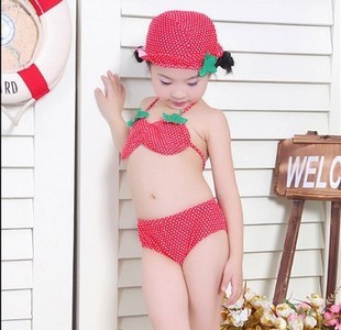 Free shipping strawberry baby bikini swimwear kid's girl swimming suit summer outfit 2 pieces with hat