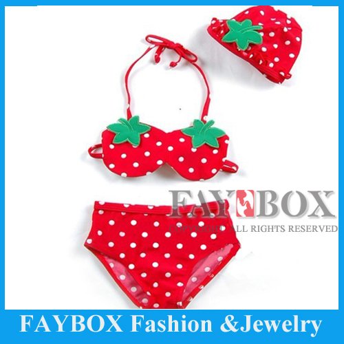 Free shipping,strawberry baby bikini swimwear,swimsuit, with hat set,girl baby beachwear summer outfit