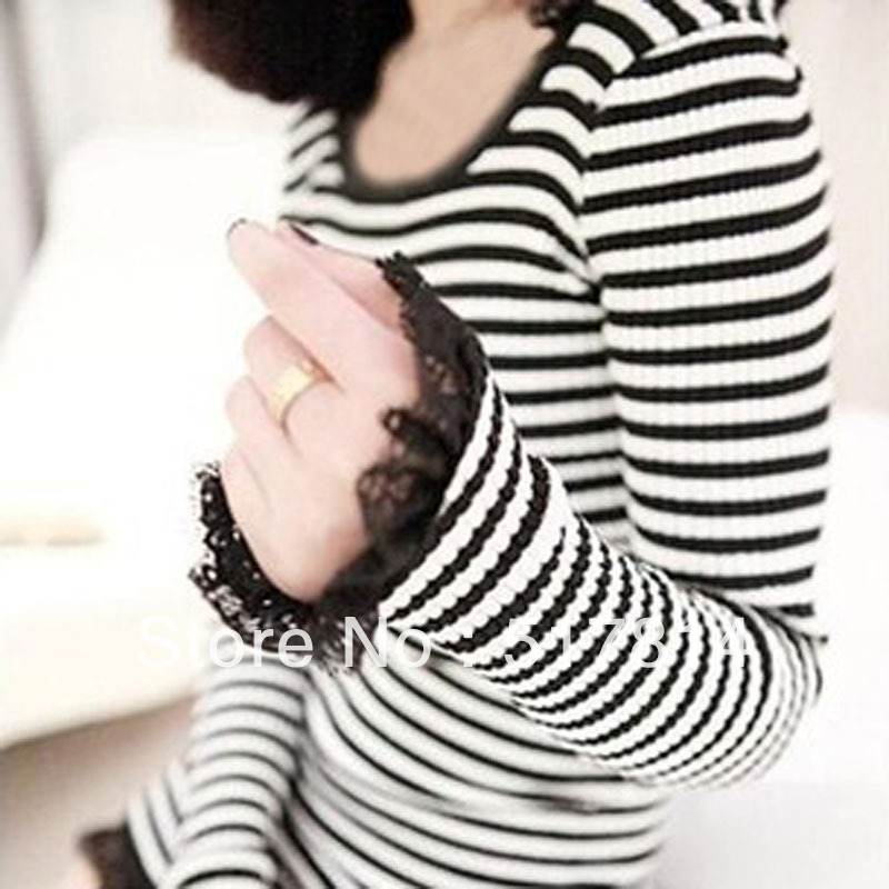 free shipping Stripe women sweater 2013 spring  medium-long slim with  lace basic shirt  slim patchwork