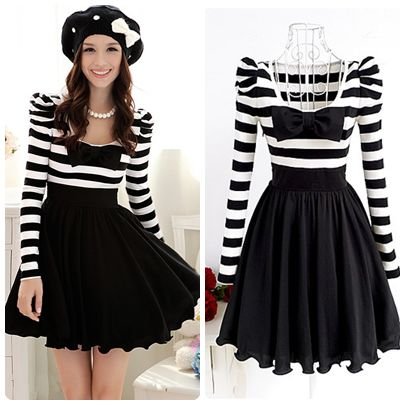 Free shipping striped patchwork chiffon bow puff sleeve knee-length ladies pleated cute ball gown dress 2013 new fashion