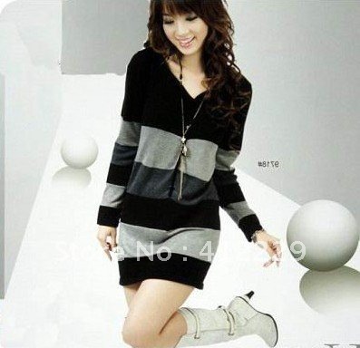 Free shipping striped v- neck snap button full sleeve sweater dress knitting pullovers 2012 design hot selling