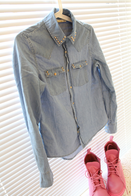 Free Shipping Studded Rabbit women's street fashion turn-down collar rivet long-sleeve pocket thin denim shirt