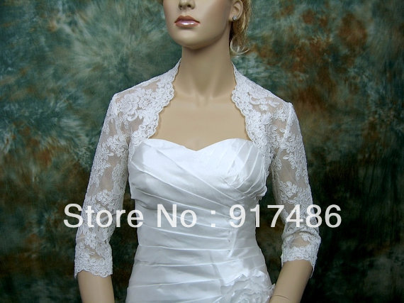 Free Shipping Stunning 3/4 Sleeves White/Ivory High Quality Lace Bridal/Wedding Jacket/Wrap/Bolero MKS005