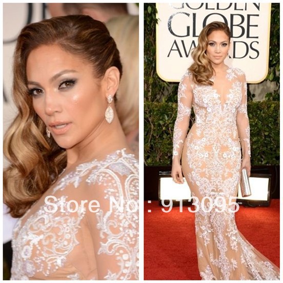 Free shipping Stunning Sexy Jennifer Lopez at the Golden Globe Awards Celebrity dress mermaid lace evening gowns for sale