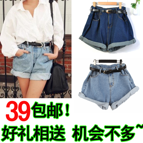 free shipping Sty nda single-shorts fashion vintage high waist denim shorts roll-up hem loose plus size female autumn and winter