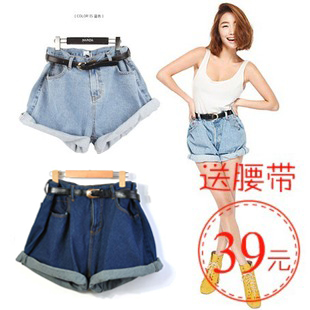 free shipping Sty nda single-shorts fashion vintage high waist denim shorts roll-up hem loose plus size female autumn and winter