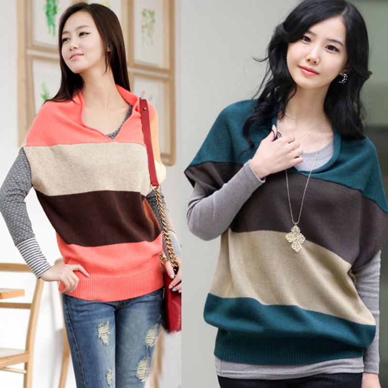 Free shipping Styleonme pt batwing sleeve short design plus size basic stripe sweater outerwear 238