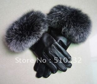 Free Shipping! Stylish genuine sheepskin leather glove, with fur cuff, raccoon dog fur and fox fur available