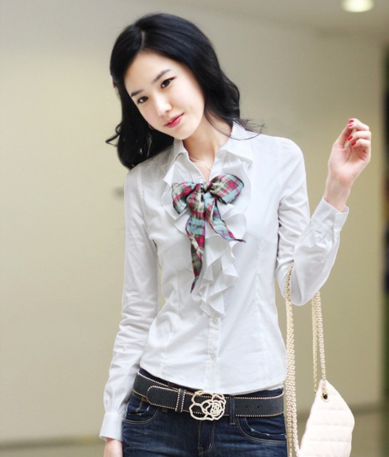 free shipping Stylish Ladies' Long Sleeve Spring Shirts Korean Slim Lace Bowknot Casual Shirts White Shirts ! S,M,L,XL