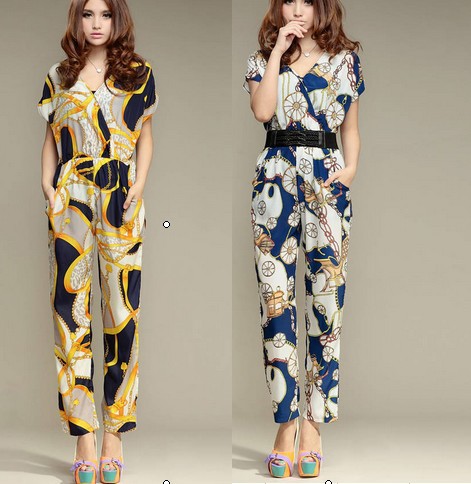 Free Shipping Stylish Popular Hot Sale Flower Printed Short Sleeve Jumpsuit With Belt Blue/Yellow