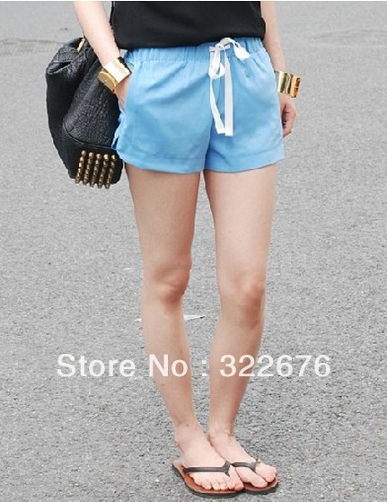 Free Shipping Stylish Women's Simple Design Pure Color Drawstring Casual Style Sport Short Pants Sky Blue SG20121010