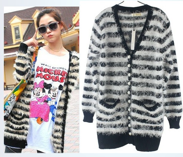 free shipping Submissively clothing 2011 all-match black-and-white domesticated hen stripe cardigan medium-long sweater