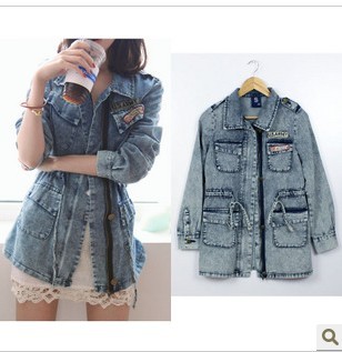 free shipping Submissively clothing 2011 fashion turn-down collar loose water wash denim lacing slim waist trench outerwear