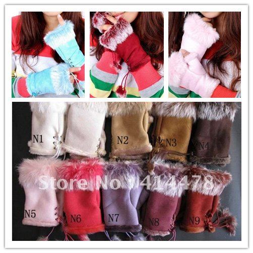 Free Shipping Suede Fabric Mitten,Women's Soft Leather Mittens,Rabbit Fur Fingerless Gloves For Women Winter Warm Christmas Gift